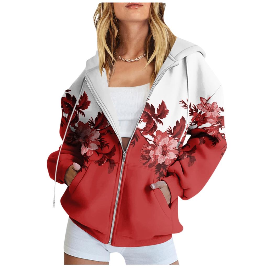 Women's Long Sleeve Floral Print Sweatshirt Long Sleeve Pocket Jacket Zipper Hoodie Coat