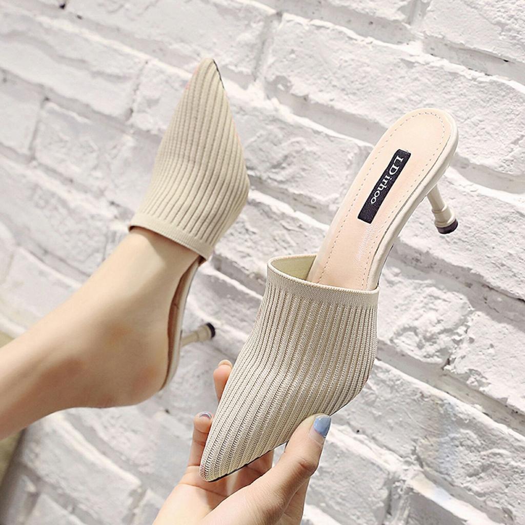 Sagit Женские тапочки на высоком каблуке Летние вязаные эластичные ткани с открытым носком Толстые сандалии