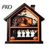Spooky Halloween Sign Wooden Table Sign, House Shape Ghost Skeleton Block Rustic Ornament Farmhouse Tiered Tray Centerpiece for Shelf Desk Mantel