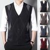 Men Autumn Winter Cardigan Sweater Single-breasted V Neck Sleeveless Buttons Color Matching Stretchy Pockets Knitted Vest Mid-aged Male Top