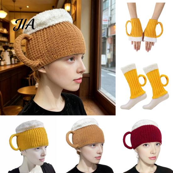 Unique 3D Beer Cup Headwear Funny Mug Hat, Novelty Knitted Leg Warmers Hat with Handles, Winter Warm Gloves for Adults Men And Women Cozy Thanksgiving