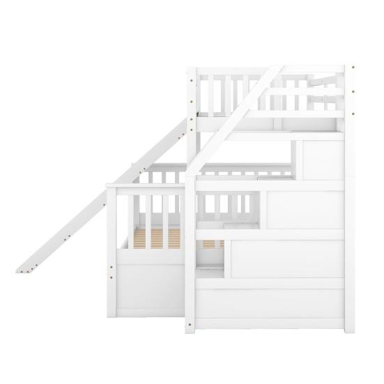 Stable Base Bunk Bed with Drawers Ladder Slide Storage Shelves Wood Frame Family Loft Bed Bedroom