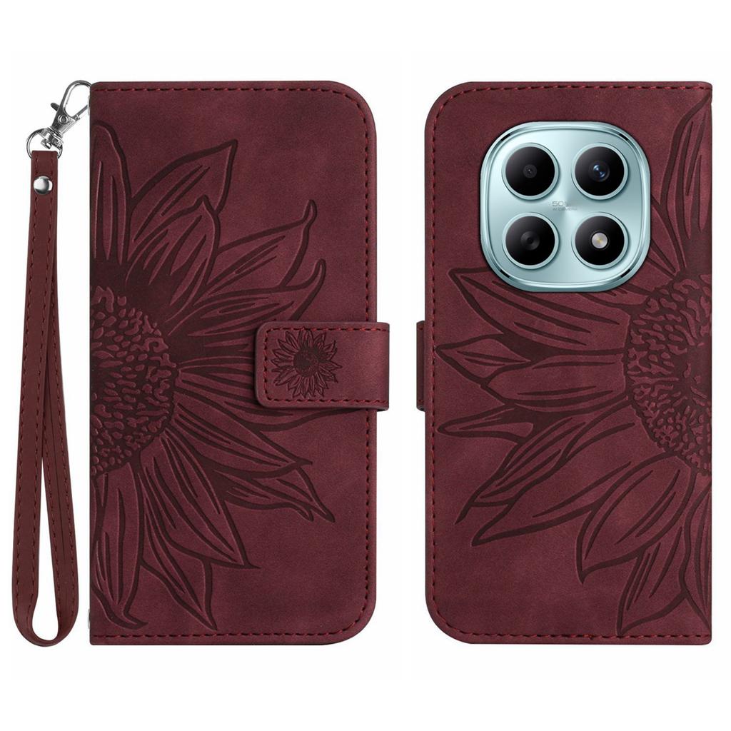 Для Xiaomi Poco M8 5G/Redmi Note 15 5G (Глобальный)/15 4G (Глобальный) Чехол-портмоне из кожи с принтом подсолнухов и ремешком на запястье.