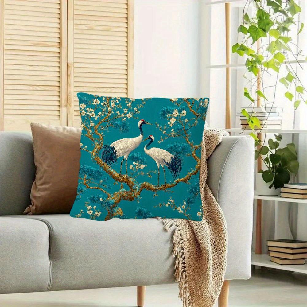 Oriental Red-Crowned Crane Pillow Cover Teal Pine Blossom Print Soft Linen Feel For Sofa Bed Living Room Asian Home Decor Gifts