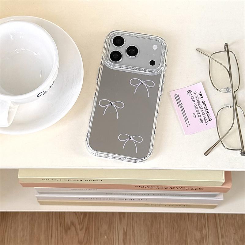 Минималистичный Чехол для Телефона с Зеркалом и Бантом для iPhone 17 Pro 16 15 14 Pro Max с Блестками Ударопрочный 17pro Защитный Чехол