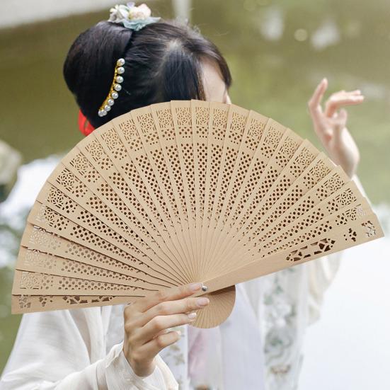 Wooden Folding Fan Chinese Style Hollow Ribs Portable Summer Hand Held Fan Decoration