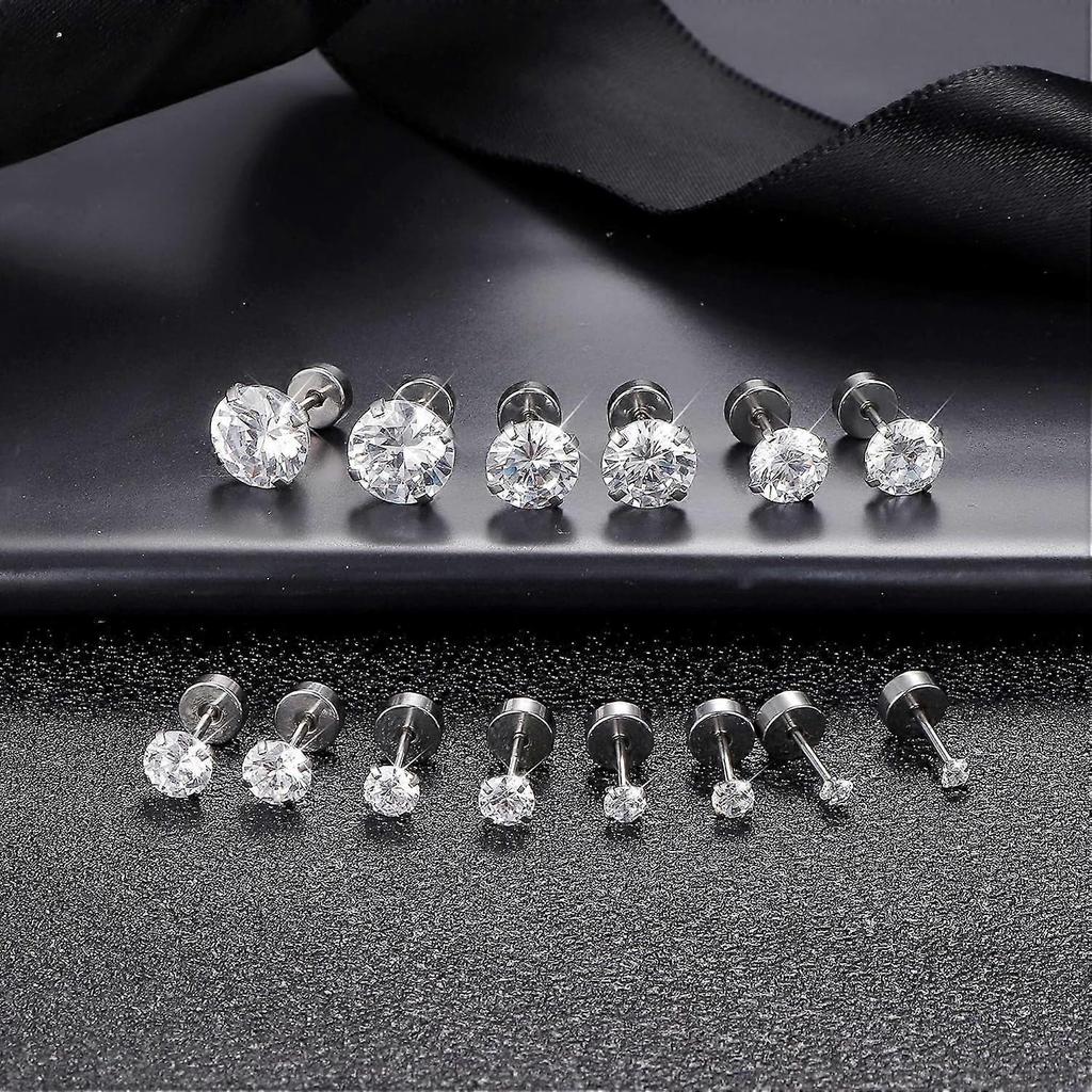 Jstyle 6/7/12 Pairs Hypoallergenic Flat Back Earrings for Women Men, Silver & 14K Gold Stainless Steel Studs, Cubic Zirconia, Birthstone, Surgical