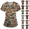 Женские модные топы с короткими рукавами и V-образным вырезом с принтом, рабочие футболки с карманами