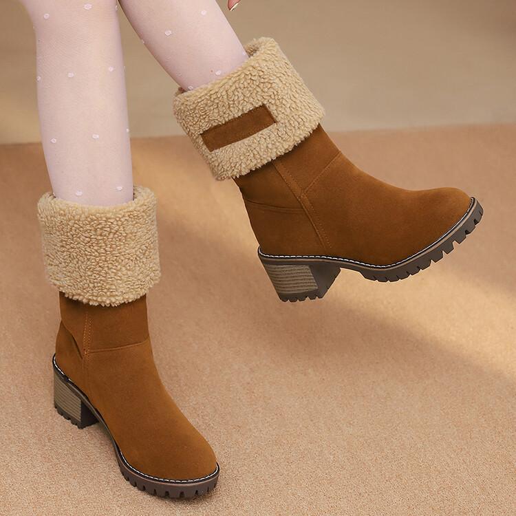 Winter Medium Boots Thick Heel Lamb Wool Large Cotton Matte Snow Boots Two Wear Warm Women's Shoes Boots