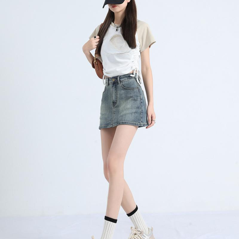 Джинсовая короткая юбка в стиле ретро, ​​женская летняя короткая юбка для похудения с высокой талией, антибликовая юбка трапециевидной формы с запахом на бедрах