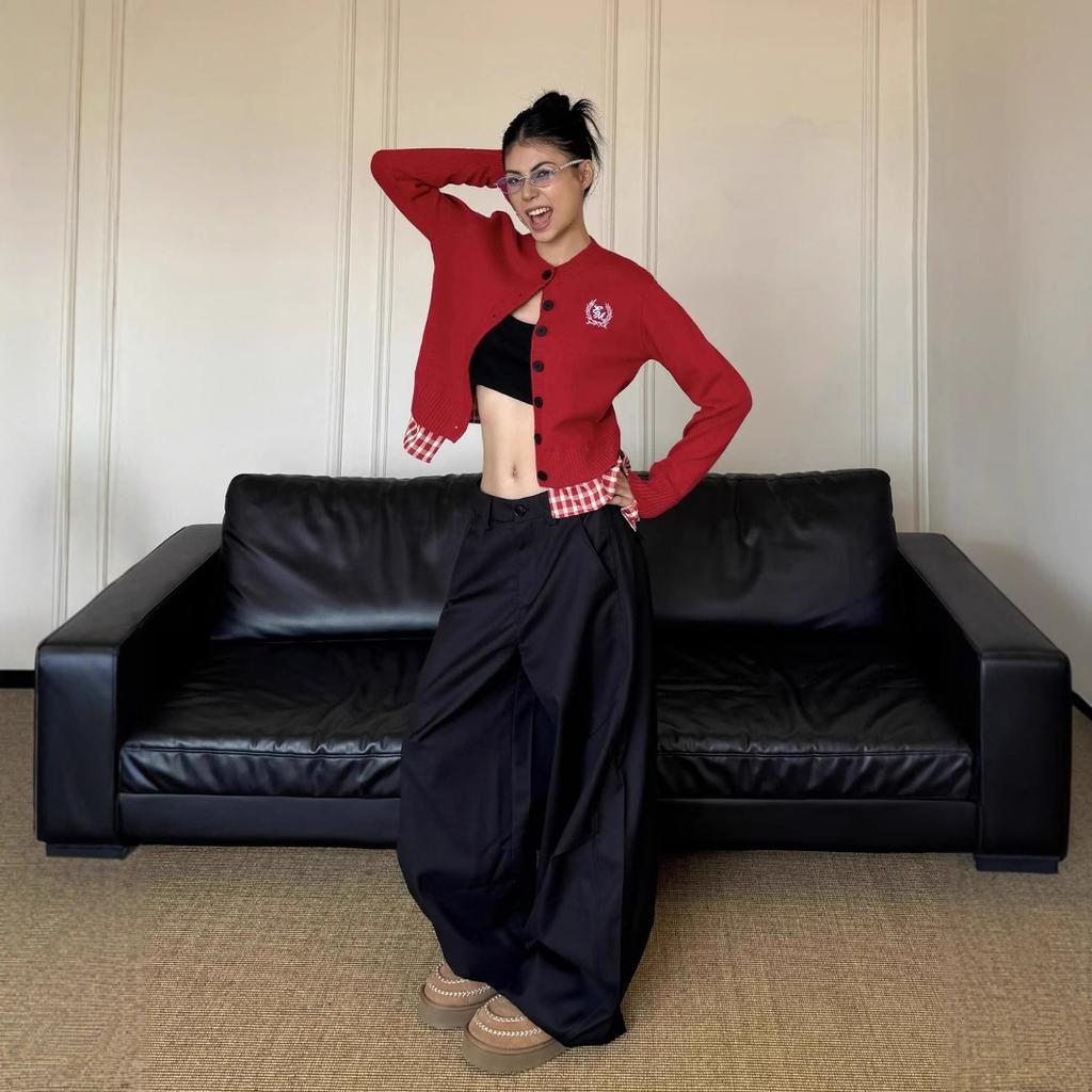 Women American Retro Y2K Suit Pants Loose Casual Vintage Pleated Wide-leg Pants Long Trousers