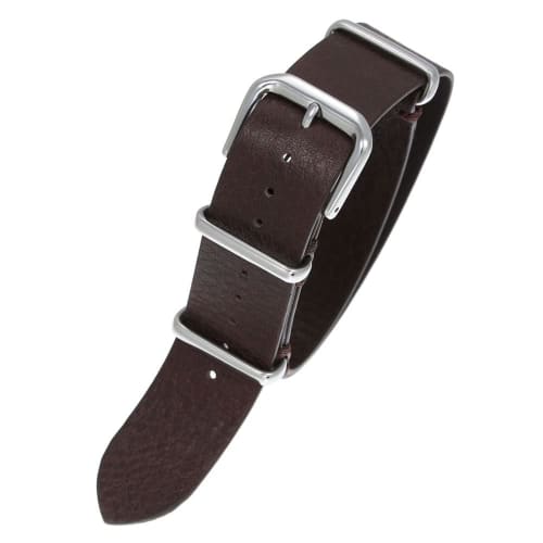 MOD NATO Strap Watch Replacement Band, Italian Leather, Dark Brown with Silver Buckle, Compatible with 18mm NATO Straps