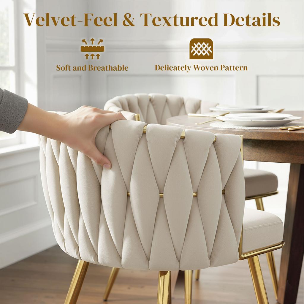 Velvet-Feel Dining Chairs Set of 2, Modern Upholstered Armchair with Knot Design and Golden Metal Legs, Accent Chair for Dining Room, Bedroom