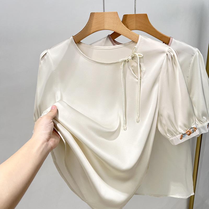 Контрастная цветная шифоновая рубашка с короткими рукавами, женская рубашка в китайском стиле с короткими рукавами, вышитая рубашка в стиле ретро