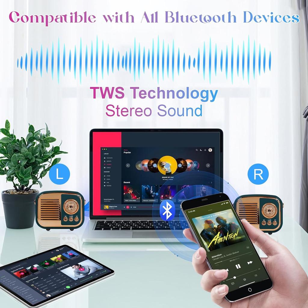 Ретро Bluetooth-динамик, винтажный беспроводной динамик, портативное мини-радио в старомодном стиле, поддержка сопряжения TWS для iPhone, устройств Android