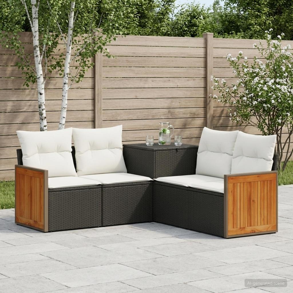 Sofa Set 5 Pieces Black and Cream White Poly Rattan and Steel