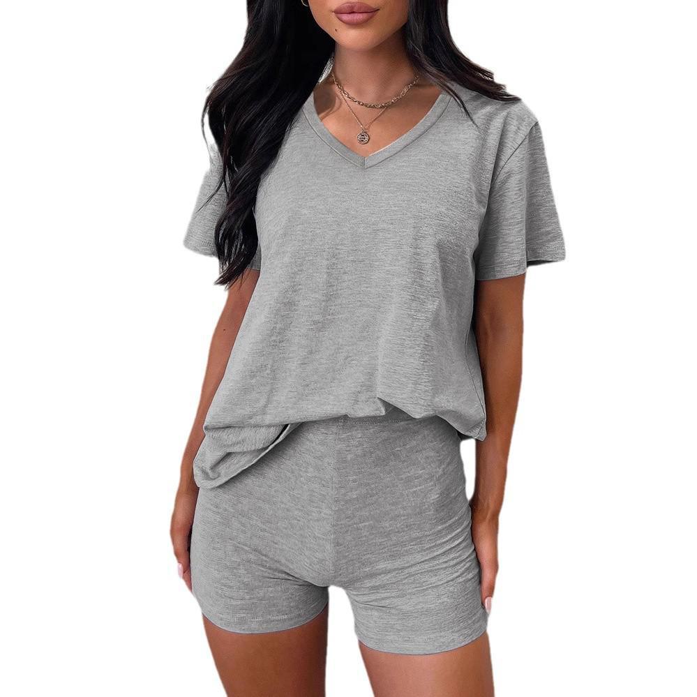 Женский однотонный модный костюм с V-образным вырезом и короткими рукавами на весну/лето 2025 г.