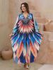 2024 Summer Boho Printed Beach Maxi Dress Loose V Neck Batwing Sleeve Side Split Kaftan Women Beachwear Swimsuit Cover-ups Q1588