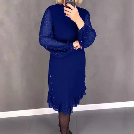 Women Midi Dress Long Mesh Balloon Sleeve with Dot Printing Ruffle Hem