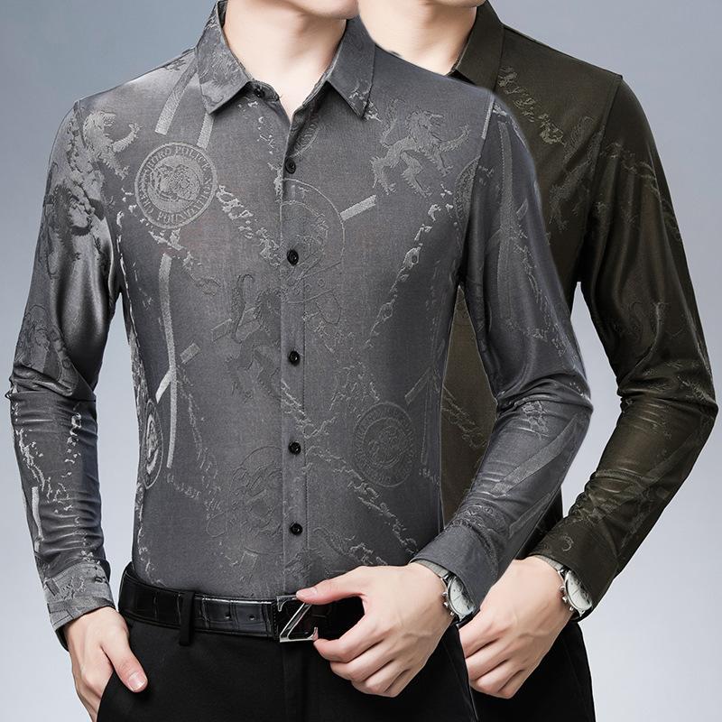 Men's Floral Long-sleeved Ice Silk Shirt, Fashionable Large Floral Shirt, Autumn Dad Wear, Casual Middle-aged Shirt for Men