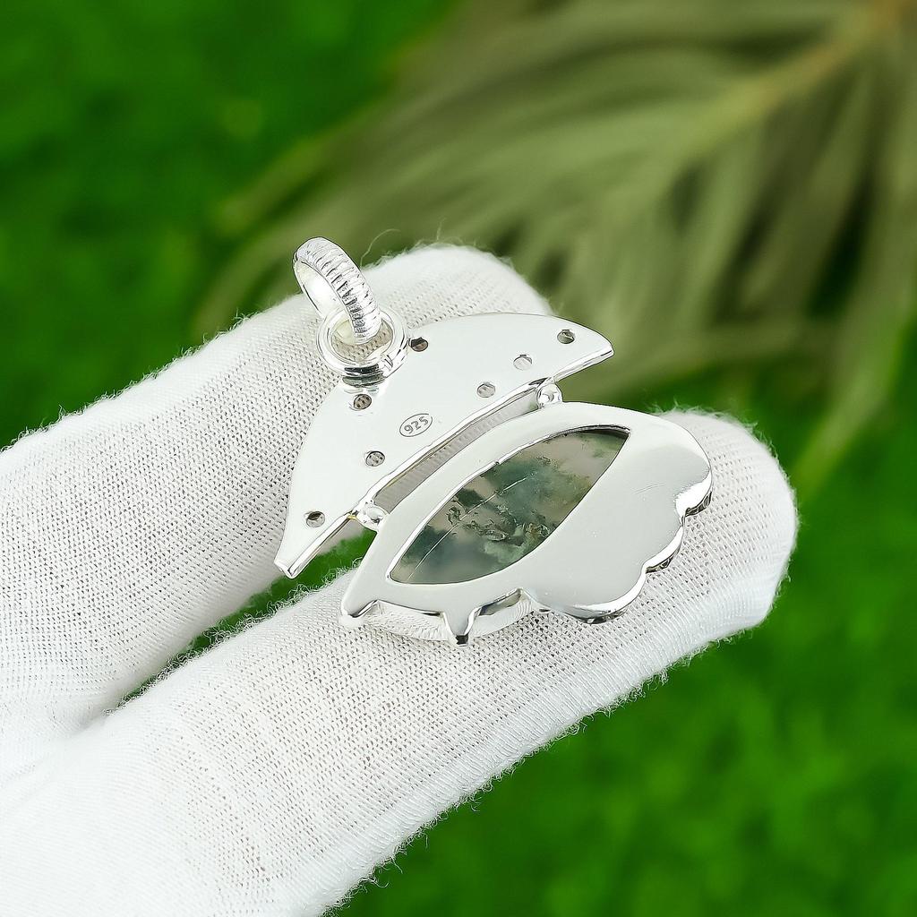 Marquise Solar Moss Agate Gemstone 925 Silver Wedding Ethnic Wife Unique Pendant