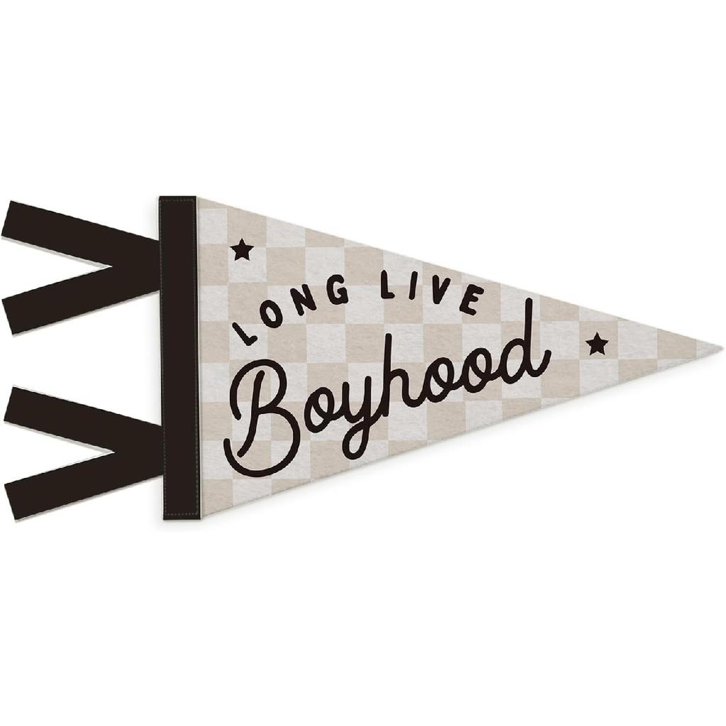 Boys Room Decor, Long Live Boyhood Wall Hanging Pennant Flag Banner, Preppy Neutral Checkerboard Wall Decorations for Nursery Toddler Boys Bedroom