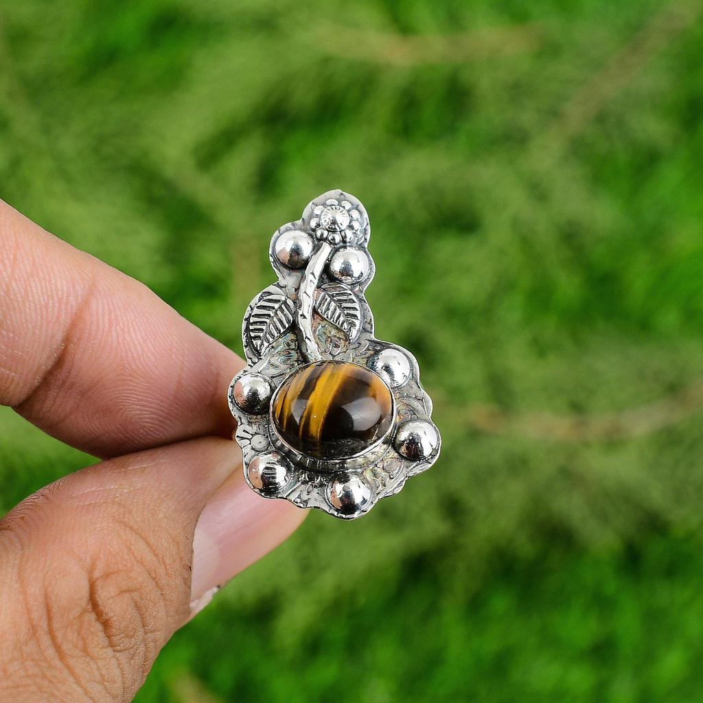 Oval Natural Tigers Eye Promise Flower Wedding Ring Jewelry 925 Sterling Silver
