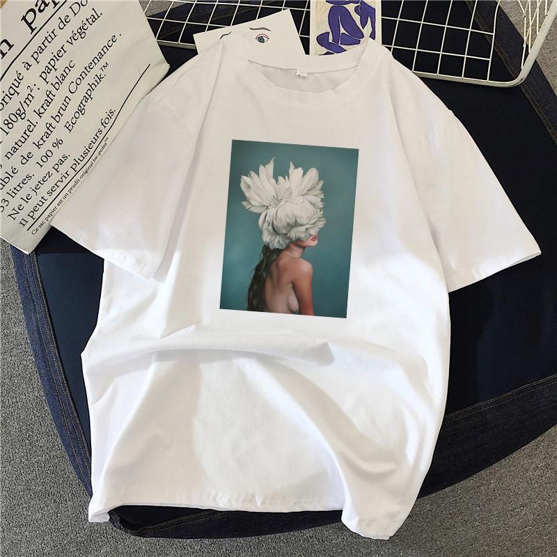 Женская футболка большого размера, белая сексуальная футболка с красивым цветочным принтом, модные корейские белые футболки, женская футболка, уличная одежда