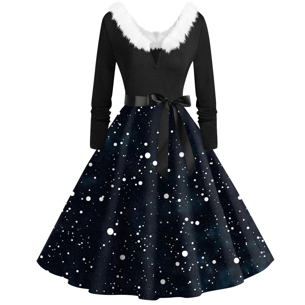 Women's Casual And Fashionable Long Sleeved V-neck Christmas Print Matching Zipper Dress