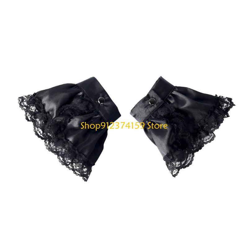 G5AE Victorian Colonial Jabot Set Ruffled Lace Necktie Collar with Wrist Cuffs Set