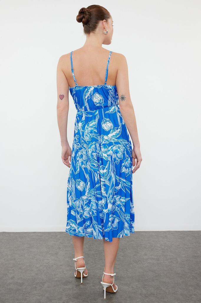 Женское стильное платье Темно-синее с рисунком Конькобежец-миди Двубортное плиссированное трикотажное платье на бретельках