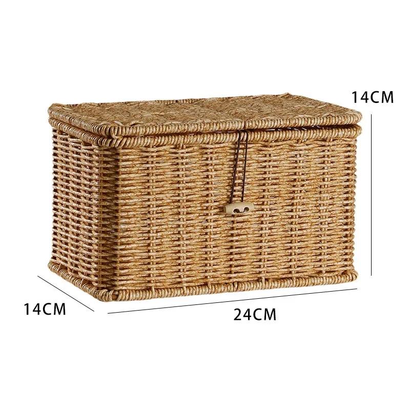 Household Storage Basket Imitation Rattan Woven Storage Box with Lid Clothes Sundries Rattan Basket Home Desktop Organizer Box