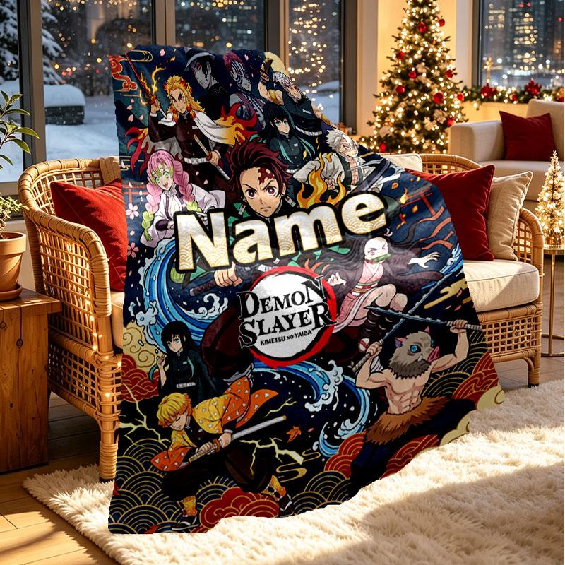 Custom Name Personalized Demon Slayer Anime Print Blanket, Home Decor, Bedroom, Sofa, Camping, Couch, Gifts for Birthday Christmas