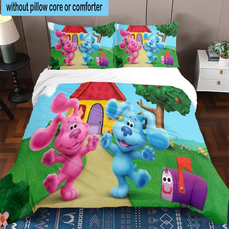 Cartoon Blue dog 3pcs Bedding,Including 1pc Duvet Cover And 2pcs Pillowcases Perfect for Christmas,Ideal for Bedroom, Dormitory