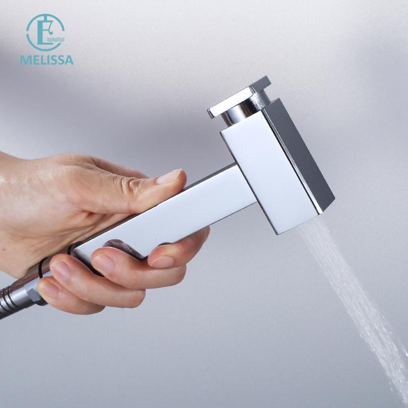 Melissa Modern Brass Chrome Wall-Mounted Hotel Use Toilet Bidet Shattaf Vertical Spray Set Handheld Shower Push Button Angle