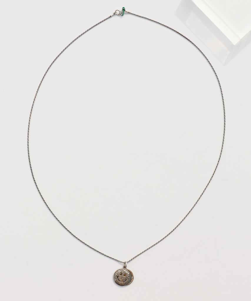 Bonbeau Double Kitsch Smile Long Chain Necklace 925 Sterling Silver Smile Coin Pendant Oxidized Silver Chain Necklace 70Cm