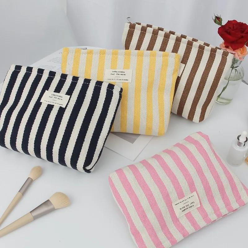 Women Stripe Comestic Case Clutch Pouch Canvas Makeup Storage Bag Women Handbag Portable Toiletry Travel Organizer Case