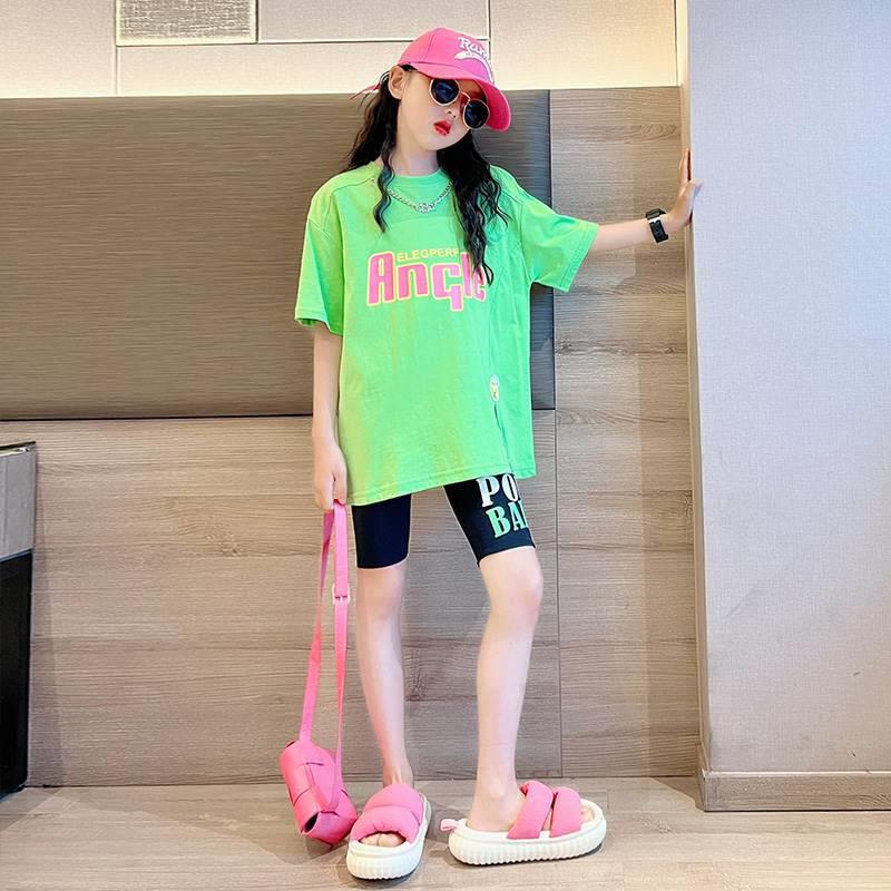 Летний комплект из двух частей в корейском стиле для девочек: Комплект из футболки с коротким рукавом и шорт с принтом