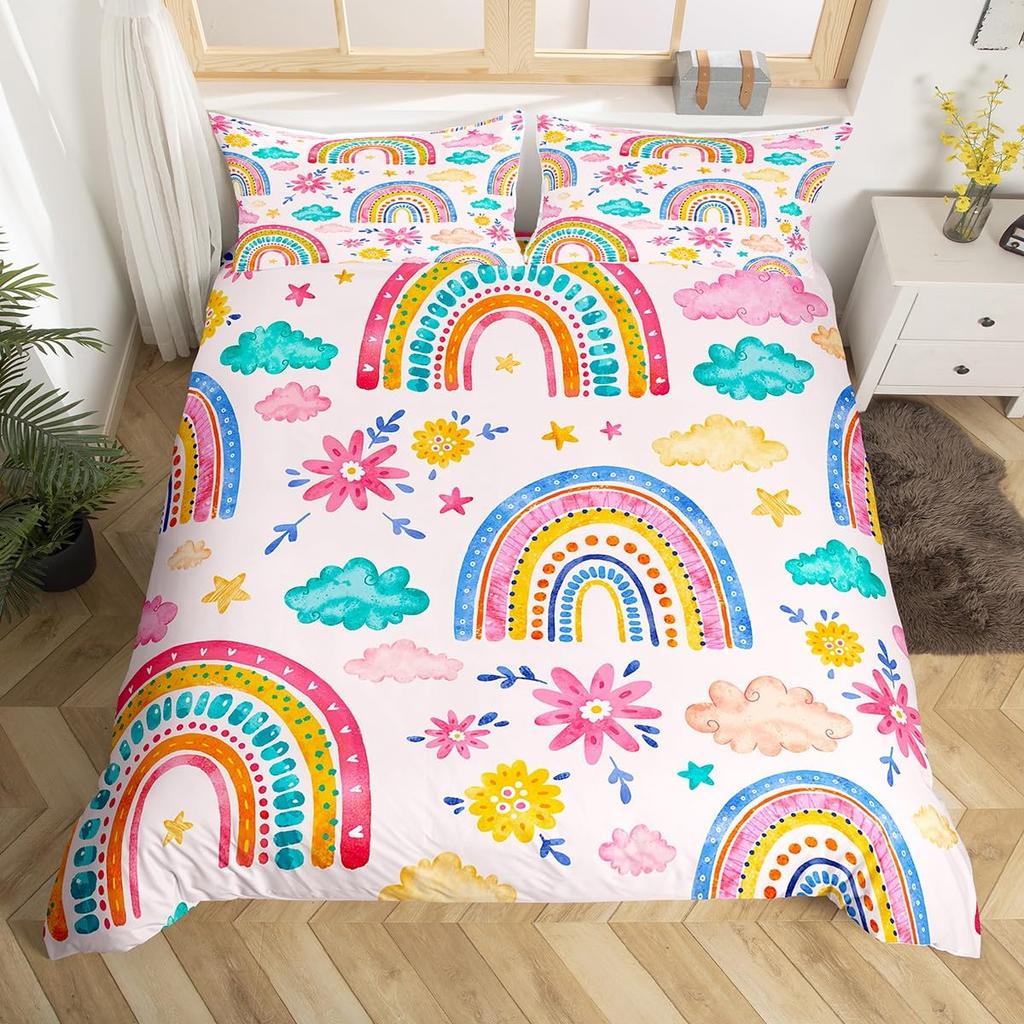 Радужный пододеяльник для девочек, розовый комплект постельного белья с героями мультфильмов, для детей и девочек, милый пододеяльник с облаками и короной, блестящие звездочки, кавайный пододеяльник