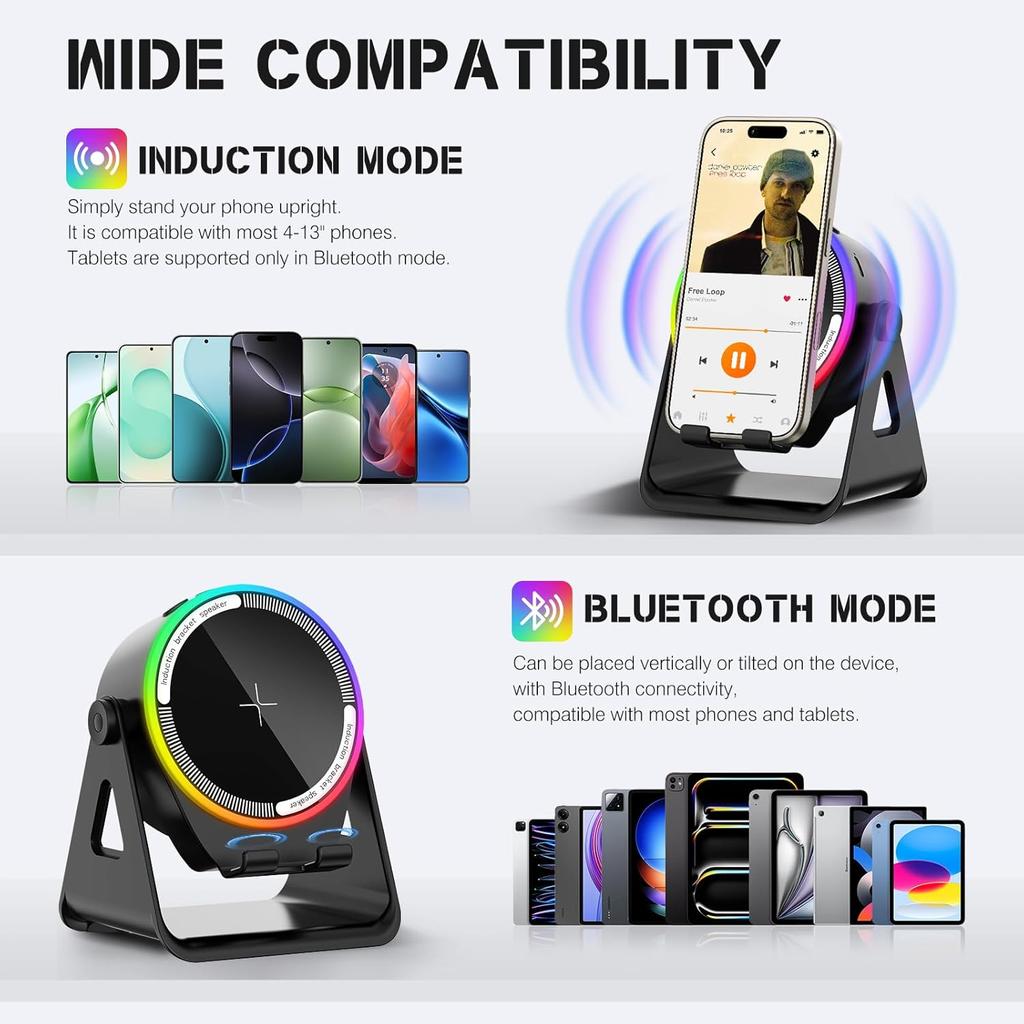 MRMORALE Wireless Induction Speaker, Multifunctional Bluetooth Phone Holder with RGB Light & 360° Rotation, HD Surround Sound, Compatible with