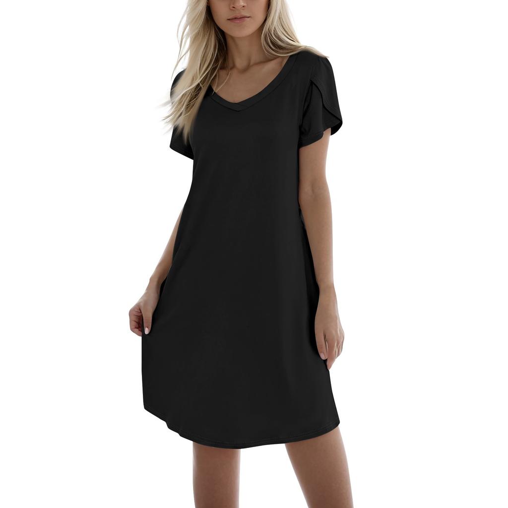 Women's Fashion Casual Solid Color V Neck Short Sleeve Short Dress