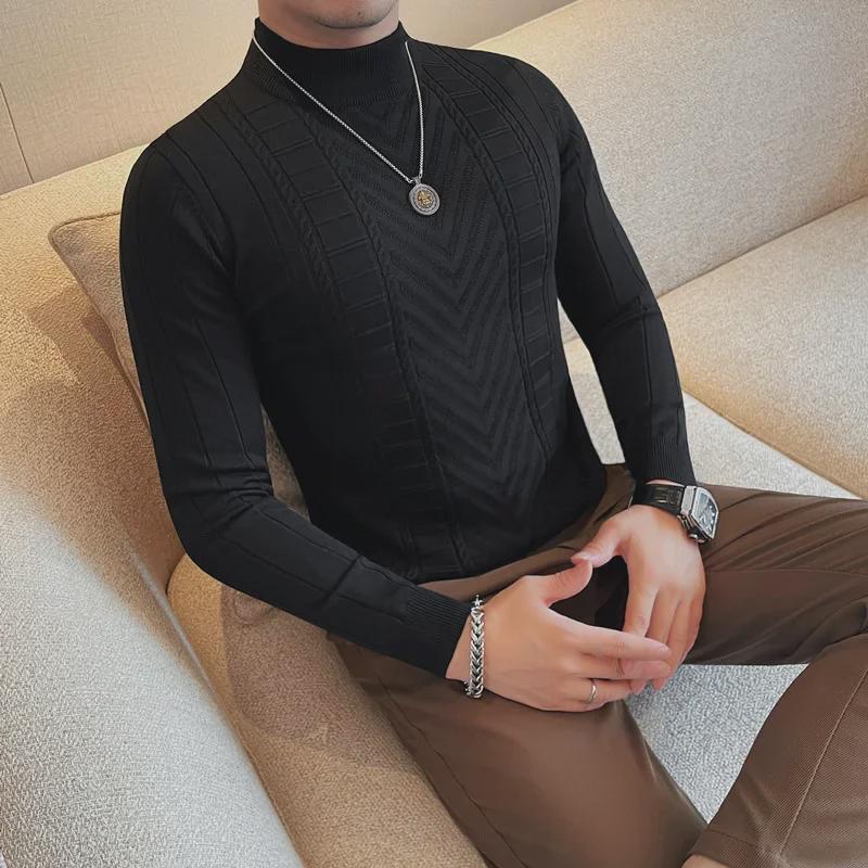 Men's Slim Fit Korean Style Half Turtleneck Knit Sweater - Long Sleeve, Versatile, and Stylish for Autumn and Winter