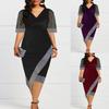 Women's Mesh Sleeve V Neck Casual Party Knee Length Dress