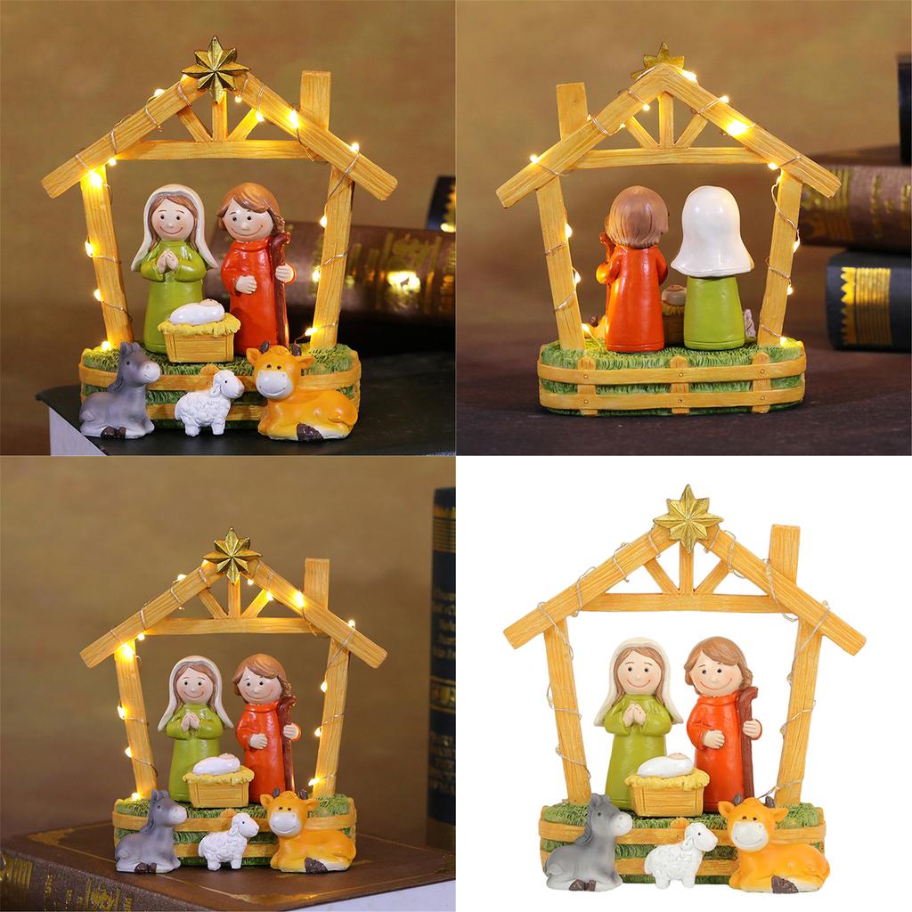 LED Lighted Festival Resins Nativity Figurines Ornament Set Holiday Tabletop Decoration for Christmas Party Decors Gift