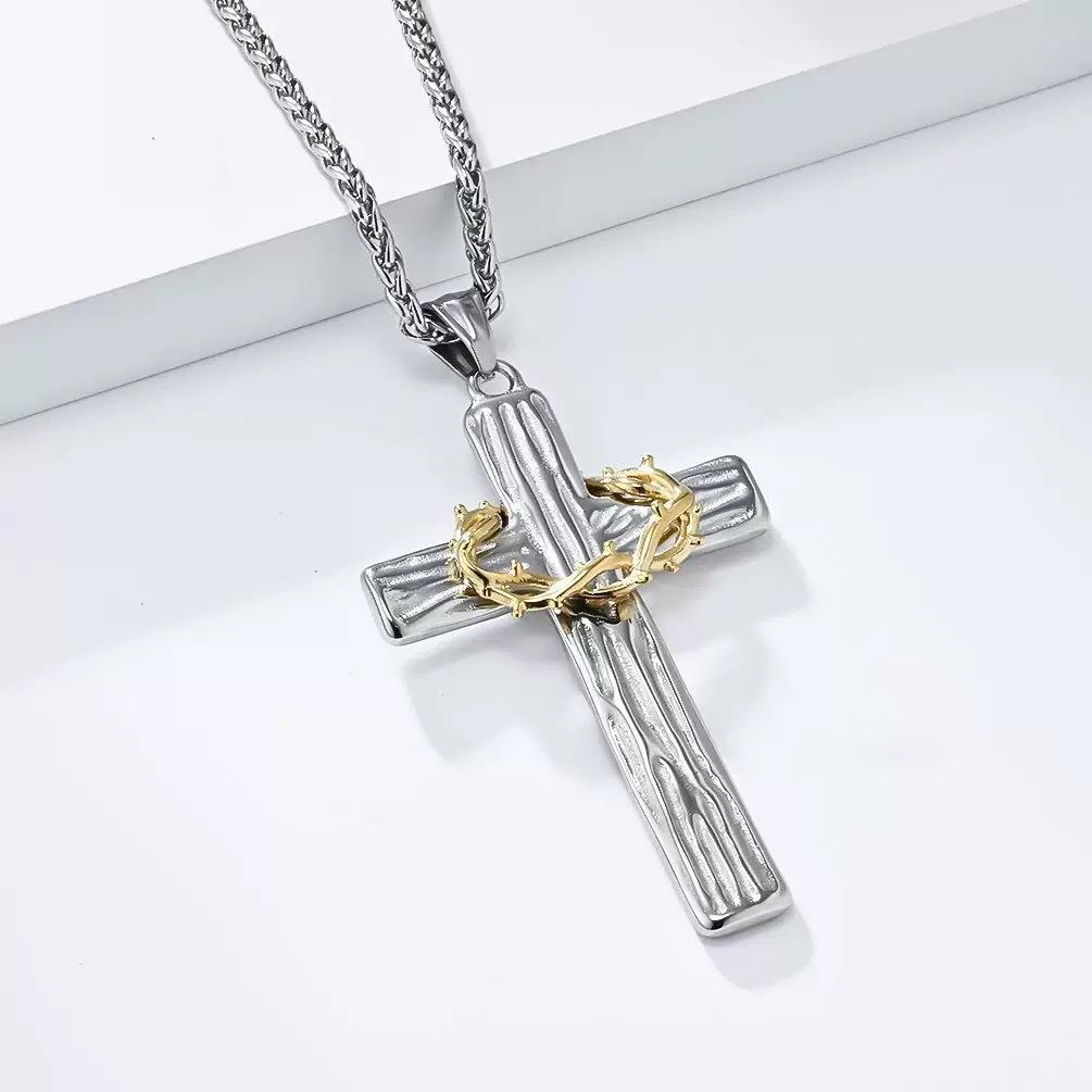 Thorn Cross Pendant Chain Hiphop Necklace for Men Woman Statement Jewelry Accessory