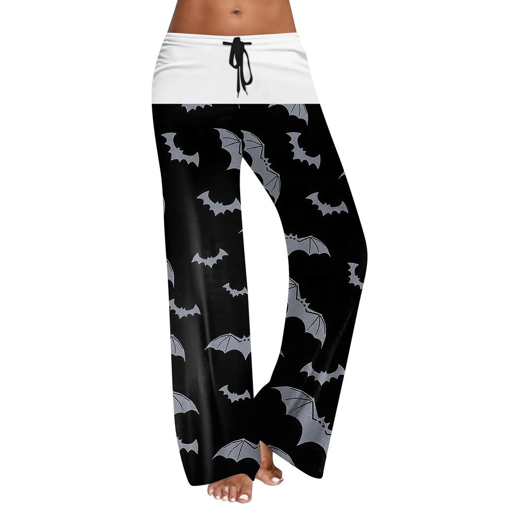 Женские широкие брюки на резинке и завязках на талии для Хэллоуина, повседневные брюки с принтом