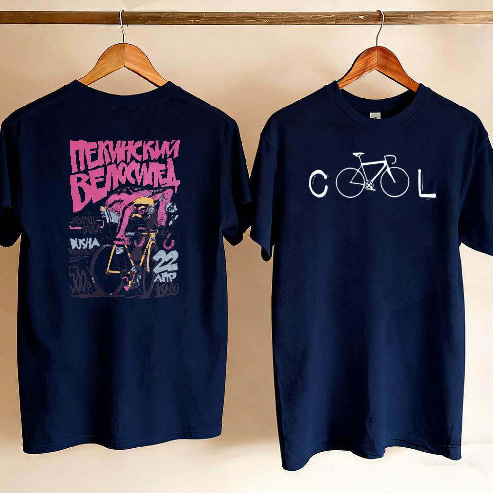 Unisex Women Two Side Printed Tee Cool Bike Graphic Front Retro Graffiti Cyclist Russian Text Back Vintage Outdoor Cycling T Shirt
