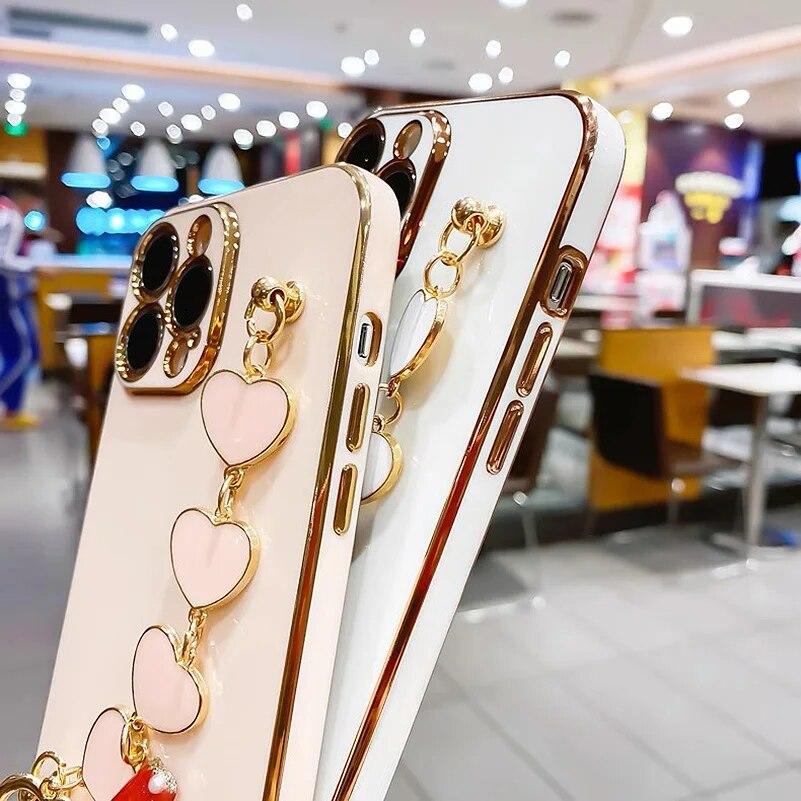 Для POCO X6 Pro M6 Pro чехол с браслетом в форме сердца, чехол с цепочкой на запястье для Xiaomi Mi POCO F5 X5, гальванический противоударный мягкий силиконовый чехол для телефона