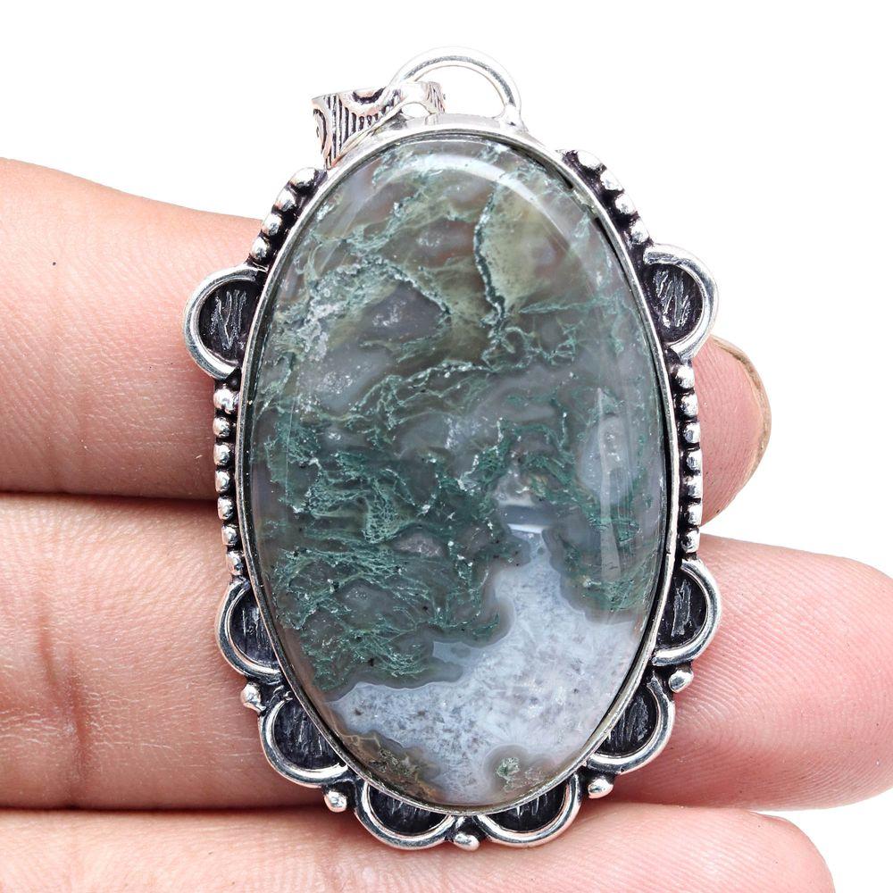 Подвеска из мохового агата, драгоценный камень, подарок ручной работы для нее, серебряное украшение 2 дюйма