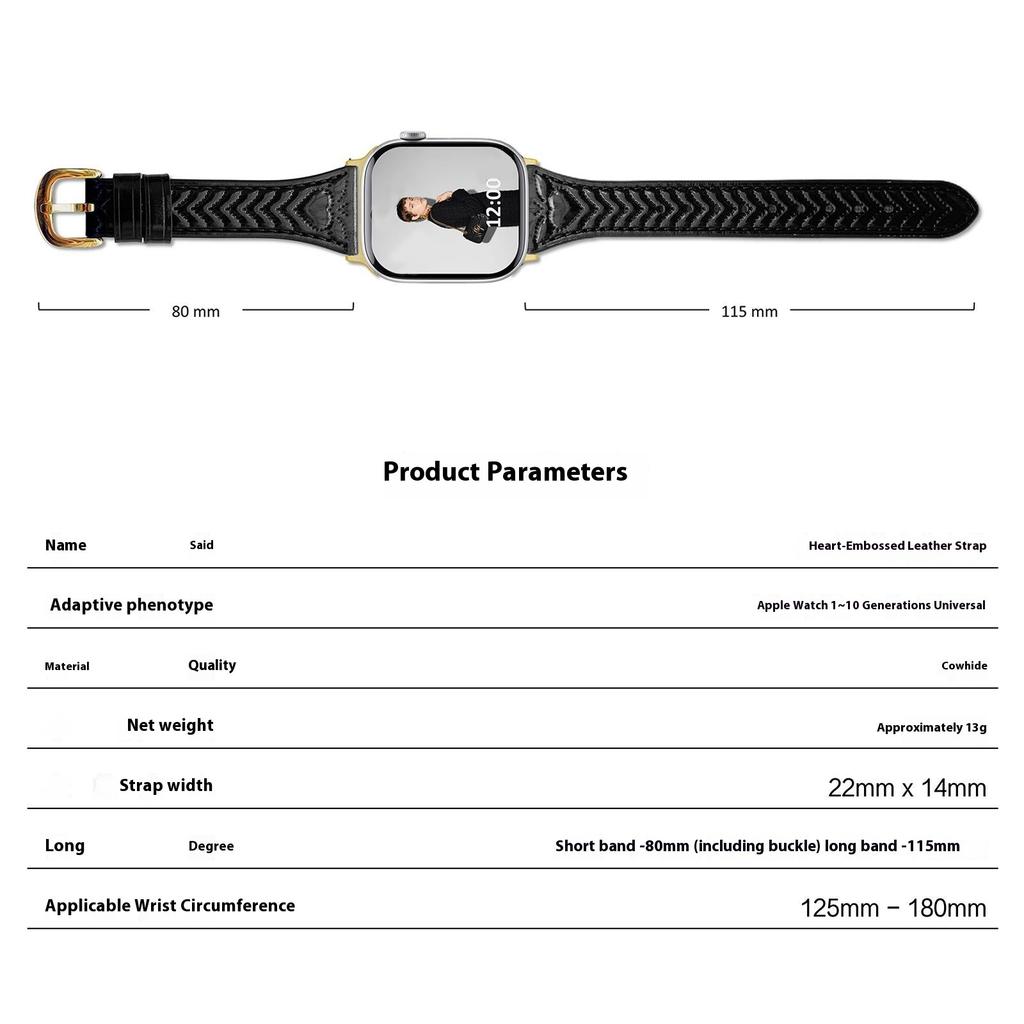 Watch Band For Apple Watch Series 10 9 8 7 SE 6 5 4 3 2 1 42mm 41mm 40mm 38mm Heart Pattern Embossed Genuine Leather Strap